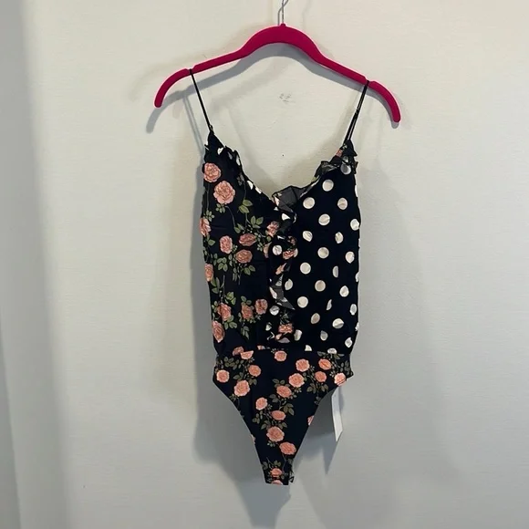 For Love & Lemons black polka dot floral “Mochi” thong bodysuit M NWT
